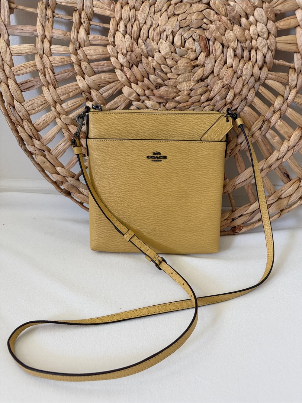 Coach Yellow Leather Crossbody Bag Pebbled Leather Zip Top Purse